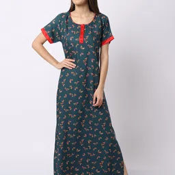 Claura Green Printed Maxi Nightdress-image-2
