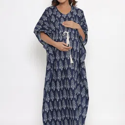 Ikk Kudi by Seerat Blue Printed Pure Cotton Maternity & Nursing Kaftan Maxi Nightdress-picture-11