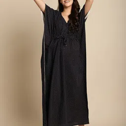 Secret Wish Polka Dots Printed Pure Cotton Kaftan Maxi Nightdress-image-29