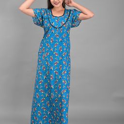 Apratim Blue Printed Maxi Pure Cotton Nightdress-image-36