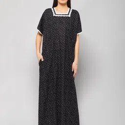 Winza Designer Polka Dots Printed Pure Cotton Maxi Nightdress-image-79
