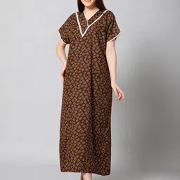 Winza Designer Floral Printed Pure Cotton Maxi Nightdress-image-20