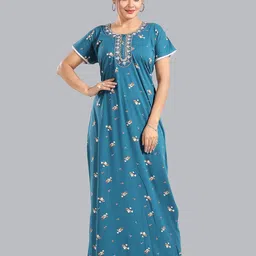 FOMTI Floral Printed Thread Work Detail Pure Cotton Maxi Nightdress-picture-21