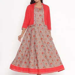 VEDANA Grey & Red Ethnic Motifs Ethnic Maxi Dress-9