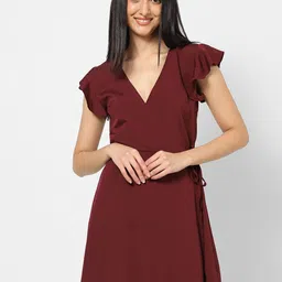 VASTRADO Maroon Solid Wrap Dress-image-91