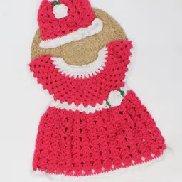 Woonie Girls Cap Sleeves Flower Detailing Crochet Acrylic Dress With Cap-image-2