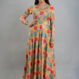KALINI Yellow & Blue Floral Satin Maxi Dress-image-27