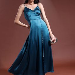 Tokyo Talkies Teal Blue Shoulder Straps Satin Fit and Flare Dress-image-65