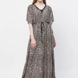 Arrabi Animal Printed V-Neck Lace-Up Kaftan Nightdress-image-66