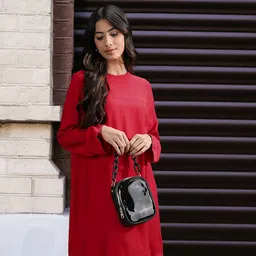 MANGO Red Solid A-Line Mini Sustainable Dress-image-2