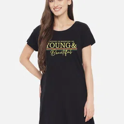 FFLIRTYGO Women Black Printed T-Shirt Nightdress-image-116