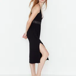 Trendyol Women Black Solid Midi Nightdress-image-53