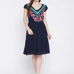Ruhaans Navy Blue & Pink Floral Embroidered Crepe Dress-image-38