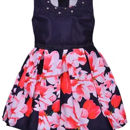 Wish Karo Navy Blue & Pink Floral Satin Dress-image-54
