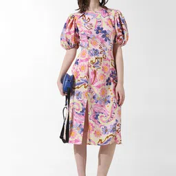 ONLY Floral Printed Puff Sleeves Slit Detail Boat Neck A-Line Midi Dress-image-25