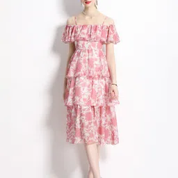 JC Collection Floral Printed Off-Shoulder Layered Midi Fit and Flare Dress-image-92