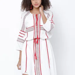 Tokyo Talkies Women White Solid Blouson Dress-image-30