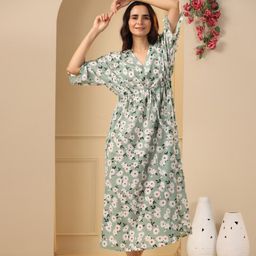 SANSKRUTIHOMES Green Floral Printed Pure Cotton Maxi Nightdress-image-23