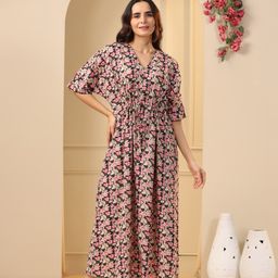 SANSKRUTIHOMES Black Floral Printed Pure Cotton Maxi Nightdress-image-77