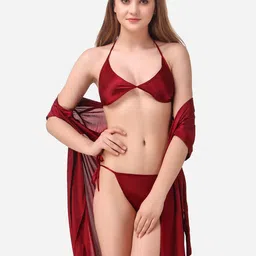 Romaisa Maroon Solid Satin Above knee length Robe with Bra & Thong-picture-1