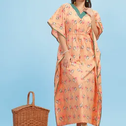 9shines Label Floral Printed Tie Up Gotta Patti Pure Cotton Maxi Kaftan Nightdress-image-77