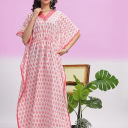 9shines Label Floral Printed Tie Up Gotta Patti Pure Cotton Maxi Kaftan Nightdress-image-47