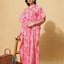9shines Label Floral Printed Tie Up Gotta Patti Pure Cotton Maxi Kaftan Nightdress-picture-19