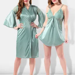 Be You Green Solid Satin Nightdress-image-4