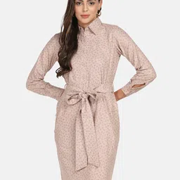 PowerSutra Beige Printed Cotton Shirt Dress-image-2