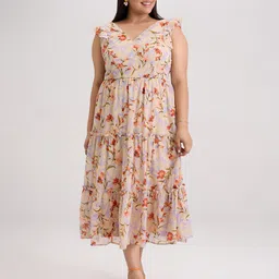 20Dresses Plus Size Yellow Floral Printed V-Neck Tiered Fit & Flare Midi Dress-picture-3