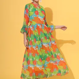 KALINI Floral Printed Keyhole Neck Bell Sleeve Fit & Flare Pleated Ethnic Dress-picture-41