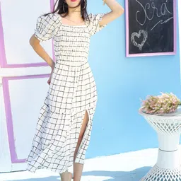 Sera Checked Smocked Puff Sleeves Fit & Flare Midi Dress-image-9