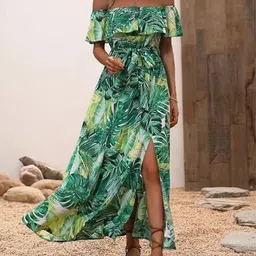 StyleCast Green Tropical Printed Off-Shoulder A-Line Maxi Dress-image-67