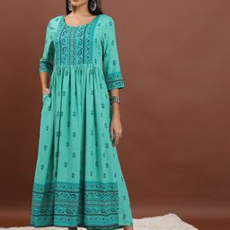 Vishudh Sea Green Ethnic Motifs Printed Fit And Flare Maxi Ethnic Dress-image-28