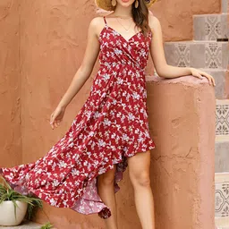 StyleCast Red, White Floral Printed Shoulder Strap A-Line Knee Length Dress-image-8