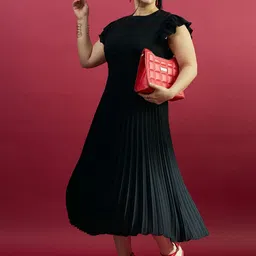 CURVE BY KASSUALLY Plus Size Black Pleated A-Line Midi Dress-image-30