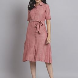 REBERRY Women A-Line Shirt Collar Midi Dress-image-0