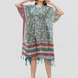 Kesarya Floral Printed Kaftan Cotton Dress-image-16