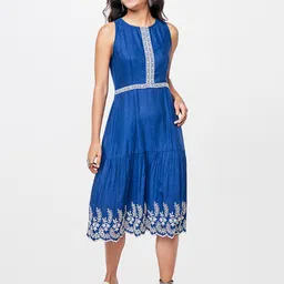 Global Desi Embroidered Round Neck A-Line Midi Dress-image-15