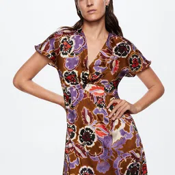MANGO Floral Printed V-Neck Sustainable Satin A-Line Midi Dress-92