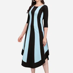PURVAJA Blue & Black Striped A-Line Midi Dress-image-100