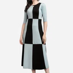 PURVAJA Black & Turquoise Blue Colourblocked A-Line Midi Dress-image-4