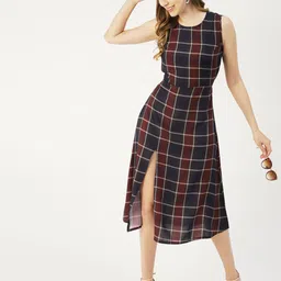 Moomaya Red Checked A-Line Midi Dress-picture-2