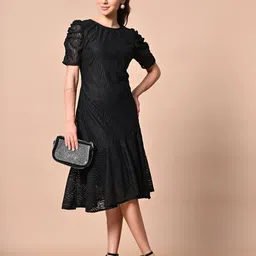 TBOJ Puff Sleeve Net A-Line Midi Dress-17