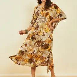 Soch Floral Print Beads And Stones Kaftan Midi Ethnic Dress-picture-25