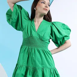 Freehand by The Indian Garage Co Green V-Neck Puff Sleeve Smocked Cotton A-Line Midi Dress-image-62