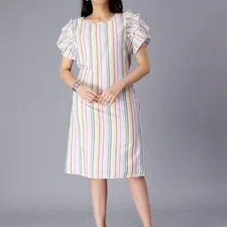 SAAKAA Striped Ruffles Flutter Sleeves Pure Cotton A-Line Dress-picture-35