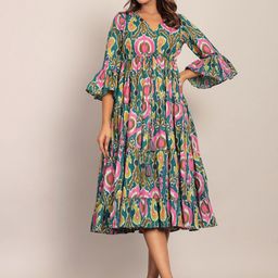 KAORI BY SHREYA AGARWAL V Neck Floral Print Bell Sleeve Cotton A-Line Midi Dress-picture-23