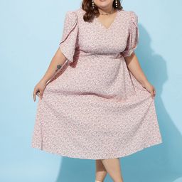 Athena Ample Plus Size Floral Printed Flared Sleeve Midi A-Line Dress-23
