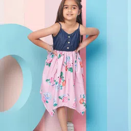 pspeaches Girls Shoulder Straps Floral Print Denim A-Line Midi Dress-picture-8